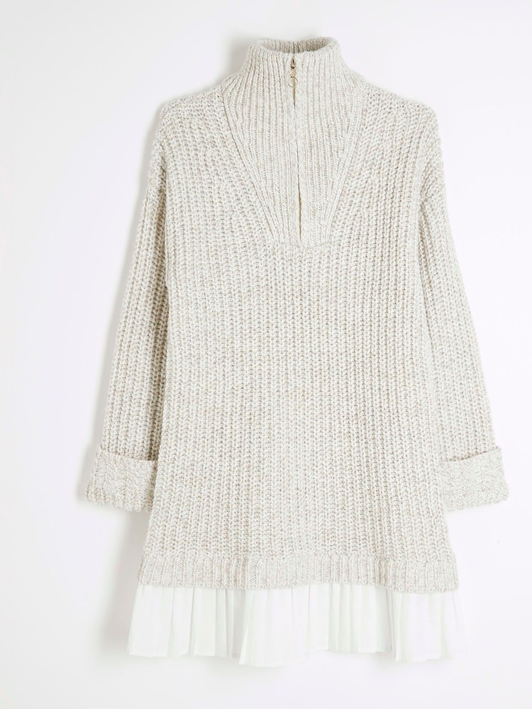 River Island Brown Knit Half Zip Pleated Jumper Dress - Image 5 of 6