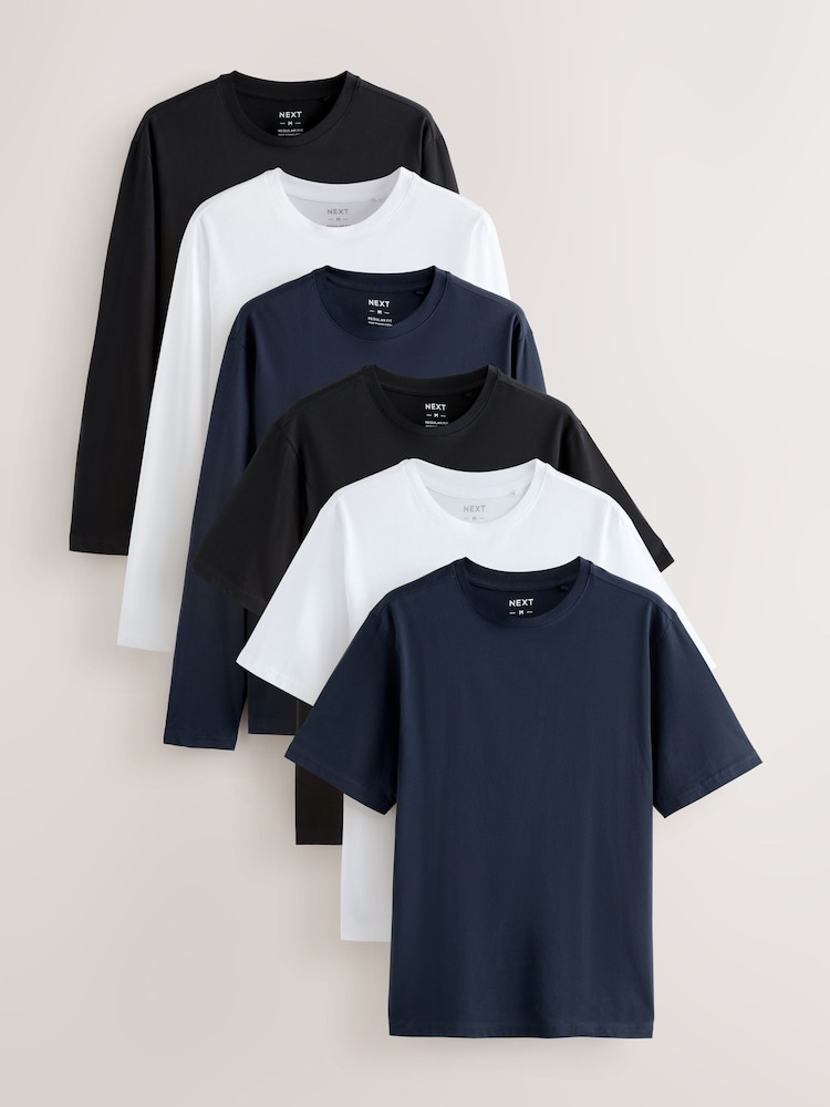Black/White/Navy Short and Long Sleeve - Corte estándar - Pack de 6 camisetas básicas de algodón - Imagen 1 de 9