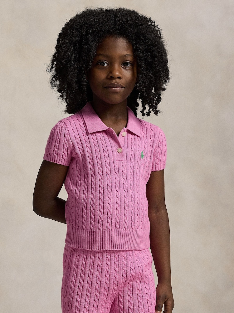 Polo Ralph Lauren Pink Girls 100% Cotton Cable Knit Polo Jumper - Image 1 of 5