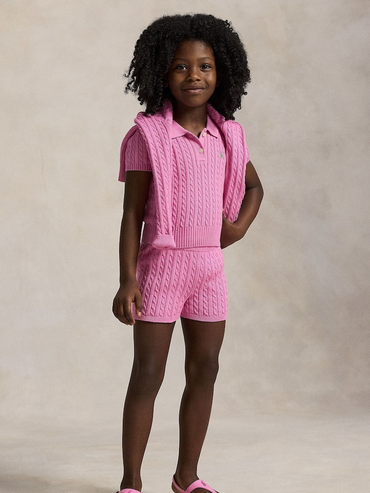 Polo Ralph Lauren Pink Girls 100% Cotton Cable Knit Polo Jumper - Image 2 of 5