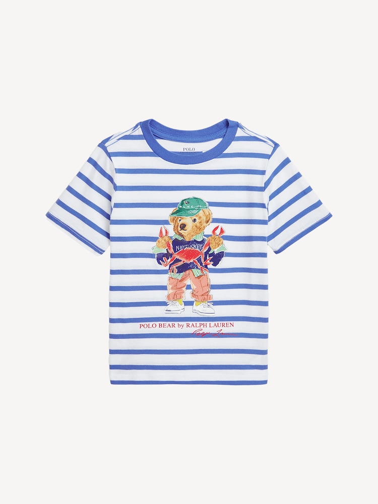 Polo Ralph Lauren Blue Boys Polo Bear Striped Cotton Jersey 100% Cotton T-Shirt - Image 1 of 3 Polo Ralph Lauren Blue Boys Polo Bear Striped Cotton Jersey 100% Cotton T-Shirt - Image 1 of 3