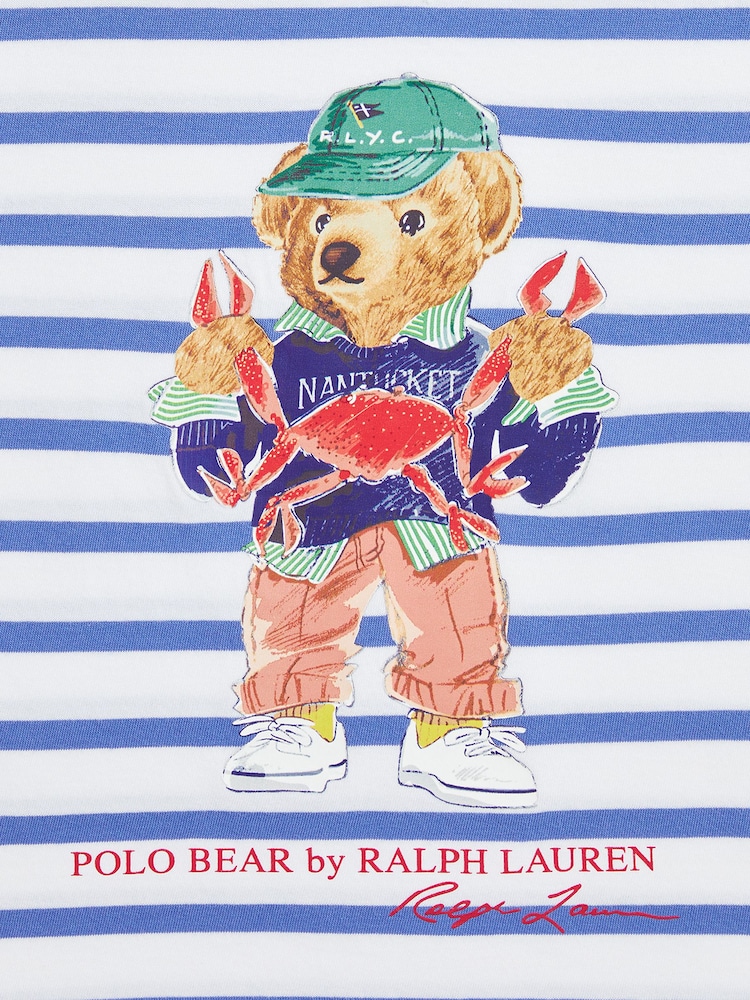 Polo Ralph Lauren Blue Boys Polo Bear Striped Cotton Jersey 100% Cotton T-Shirt - Image 3 of 3
