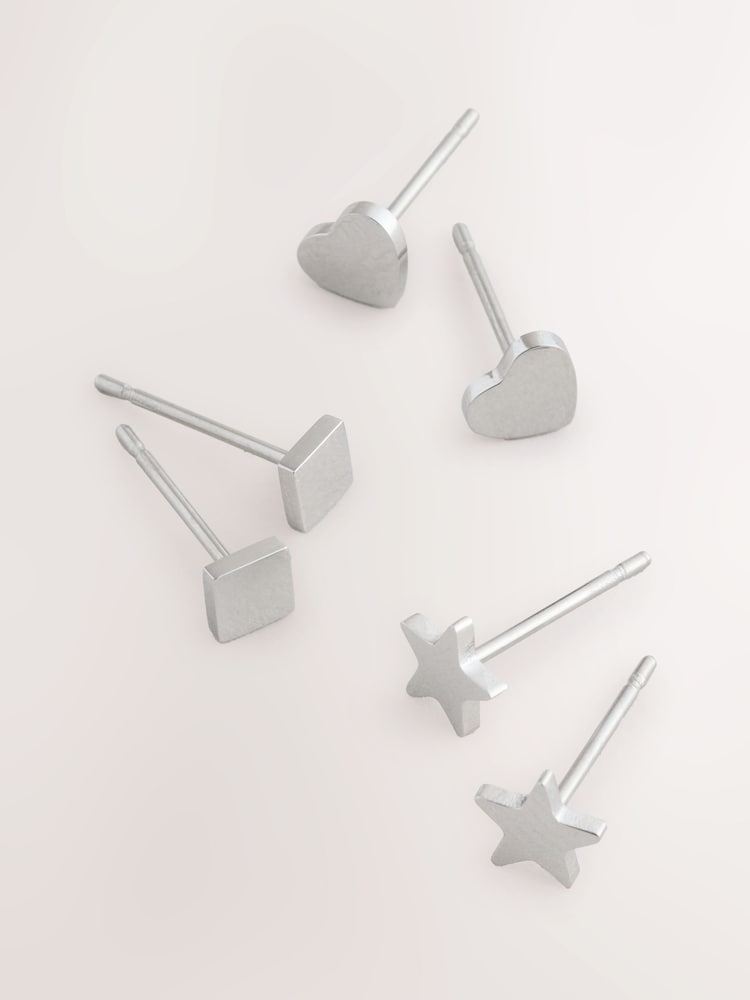 Silver Tone Stainless Steel Stud Earrings 3 Pack - Image 2 of 3