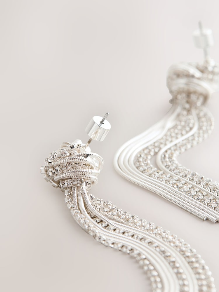 Tono plateado - Knot Detail Long Tassel Earrings - Imagen 2 de 3