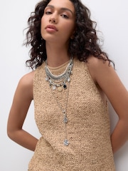 Antiqued Silver Tone Disc Drop Multi Layer Necklace - Image 2 of 9