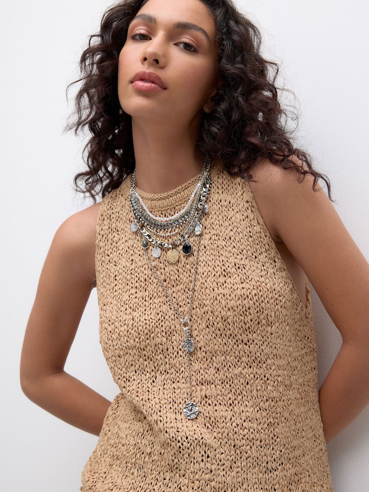 Antiqued Silver Tone Disc Drop Multi Layer Necklace - Image 2 of 9