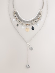 Antiqued Silver Tone Disc Drop Multi Layer Necklace - Image 6 of 9