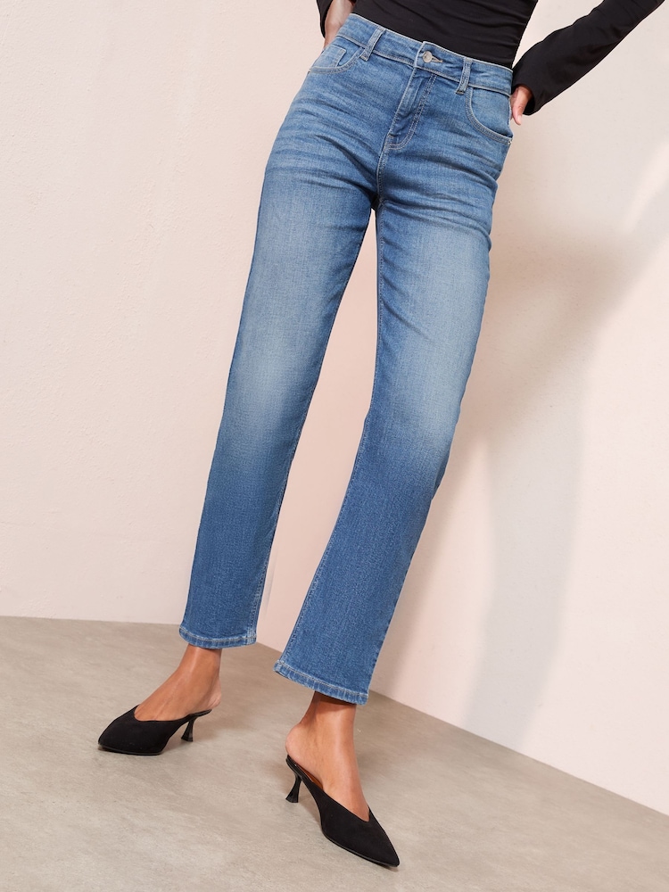 Friends Like These Mid Blue Petite Ankle Straight Leg Jeans - Image 1 of 5 Friends Like These Mid Blue Petite Ankle Straight Leg Jeans - Image 1 of 5