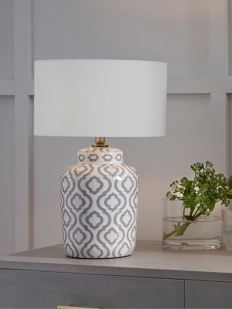 Pacific Lifestyle Taupe Celia and White Pattern Ceramic Table Lamp - Image 1 of 5
