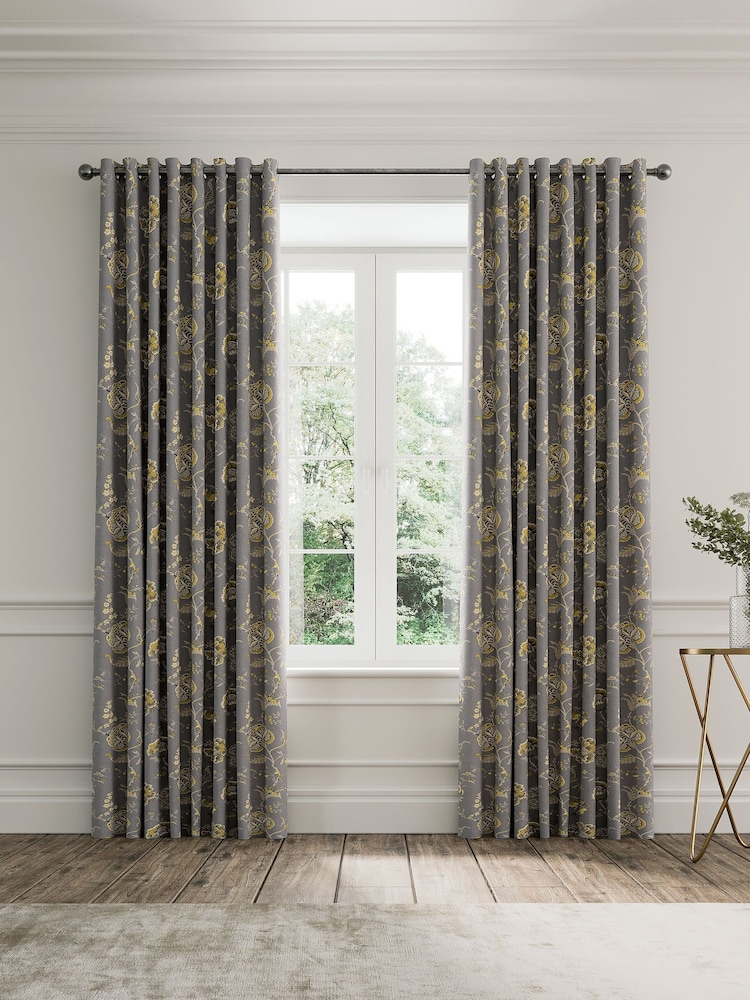 V&A Grey Palampore Trail Black Out Eyelet 100% Cotton Curtains - Image 1 of 5