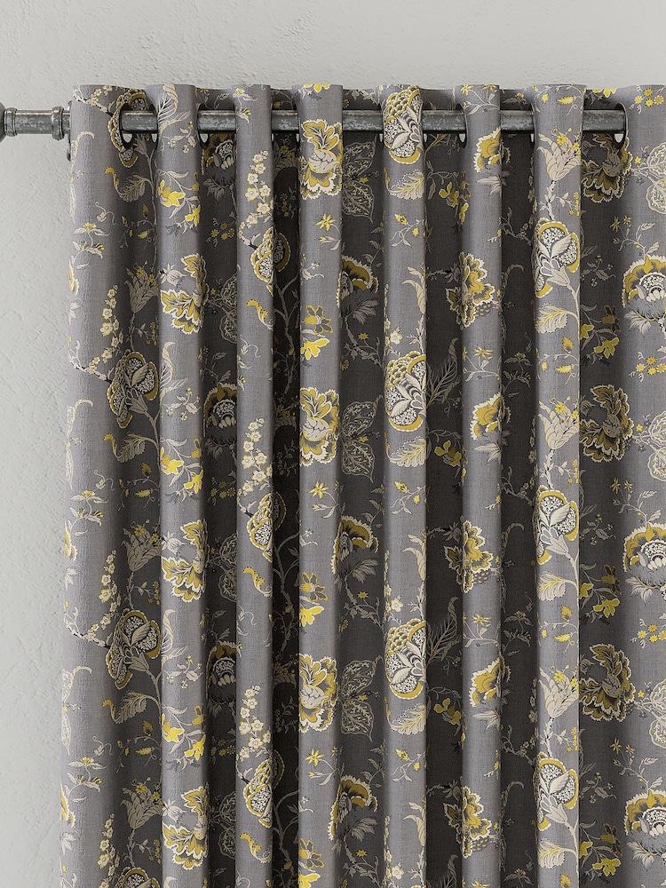 V&A Grey Palampore Trail Black Out Eyelet 100% Cotton Curtains - Image 2 of 5