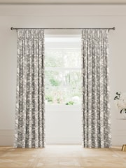 V&A Grey Daffodil Dreams Black Out Pencil Pleat 100% Cotton Curtains - Image 1 of 5