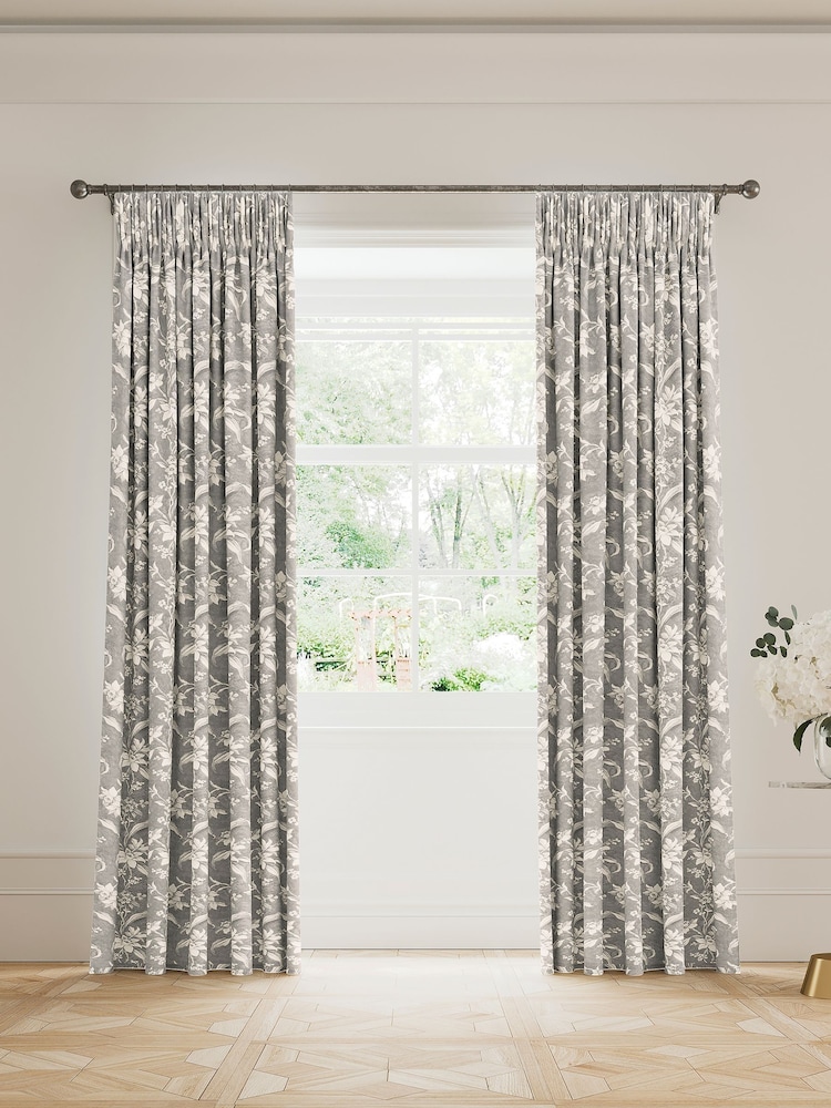 V&A Grey Daffodil Dreams Black Out Pencil Pleat 100% Cotton Curtains - Image 1 of 5