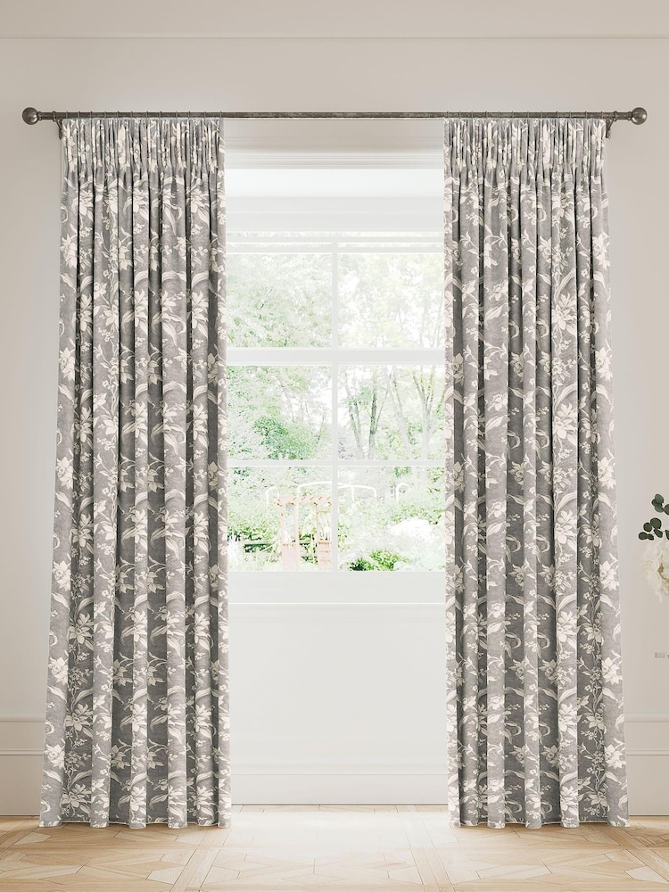 V&A Grey Daffodil Dreams Black Out Pencil Pleat 100% Cotton Curtains - Image 5 of 5