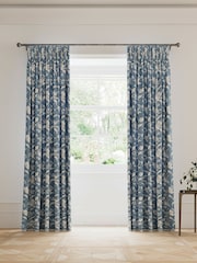 V&A Blue Daffodil Dreams Black Out Pencil Pleat 100% Cotton Curtains - Image 1 of 5