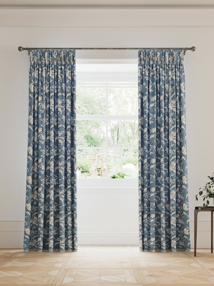 V&A Blue Daffodil Dreams Blackout Pencil Pleat Curtains - Image 1 of 5 V&A Blue Daffodil Dreams Blackout Pencil Pleat Curtains - Image 1 of 5