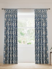 V&A Blue Daffodil Dreams Black Out Pencil Pleat 100% Cotton Curtains - Image 4 of 5