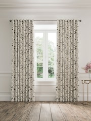 V&A Linen  Grey Ornamental Bloom Black Out Eyelet 100% Cotton Curtains - Image 1 of 3