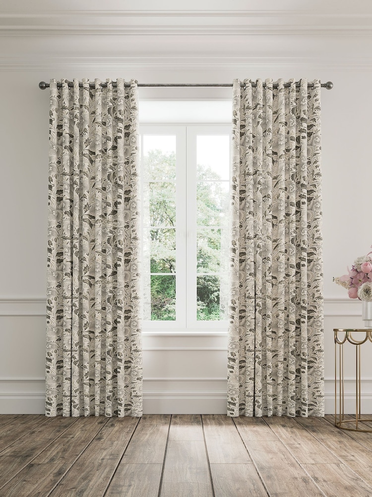 V&A Linen Grey Ornamental Bloom Blackout Eyelet Curtains - Image 1 of 3 V&A Linen Grey Ornamental Bloom Blackout Eyelet Curtains - Image 1 of 3