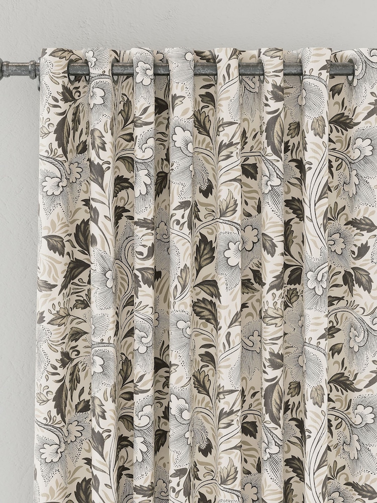 V&A Linen  Grey Ornamental Bloom Black Out Eyelet 100% Cotton Curtains - Image 2 of 3