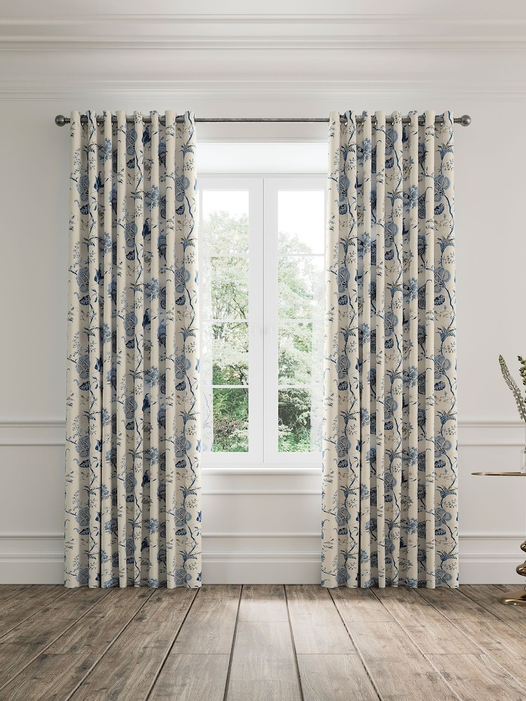 V&A Blue Palampore Trail Black Out Eyelet 100% Cotton Curtains - Image 1 of 5