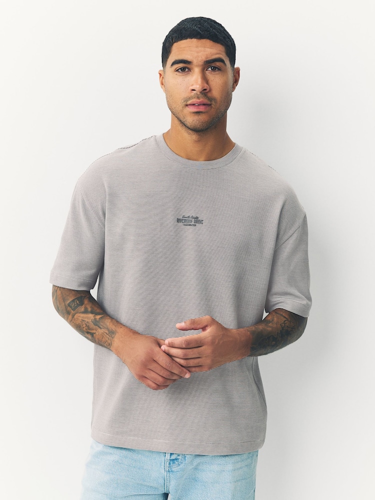 Grey Relaxed Fit Graphic Print Heavyweight Striped T-Shirt - Image 1 of 7 Grey Relaxed Fit Graphic Print Heavyweight Striped T-Shirt - Image 1 of 7