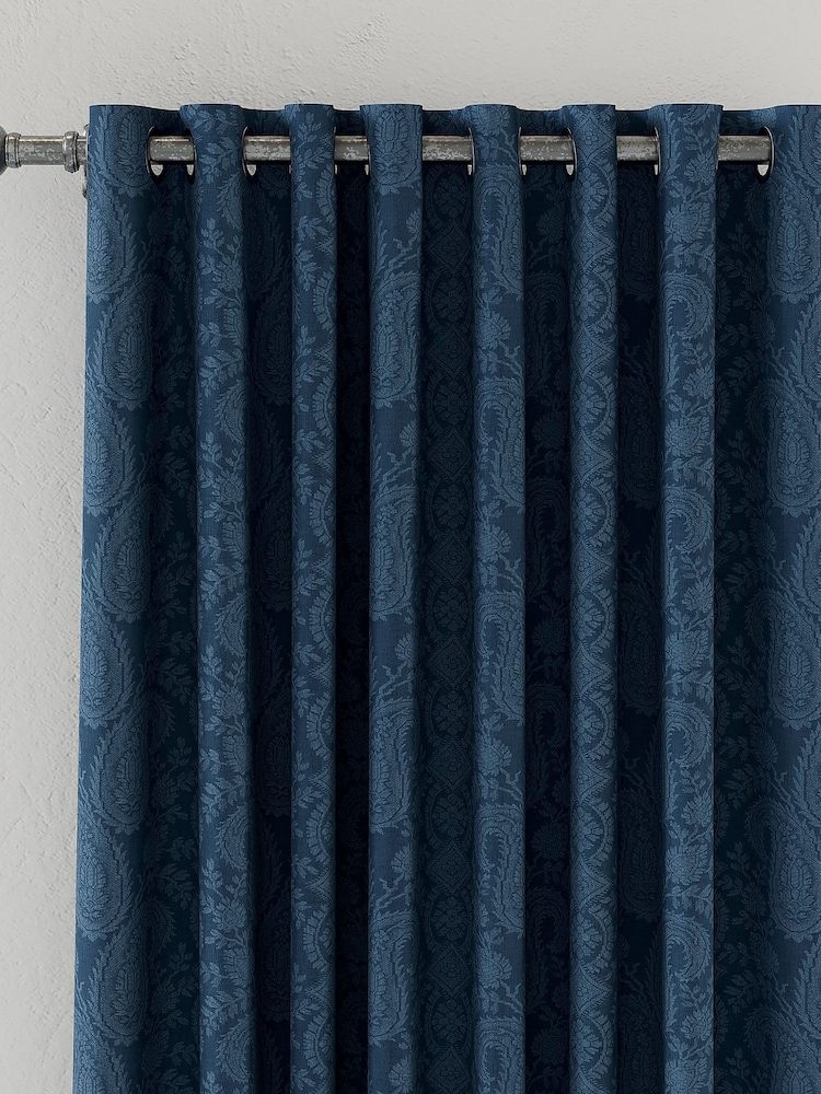 V&A Blue Silk Road Paisley Blackout Eyelet Curtains - Image 2 of 5 V&A Blue Silk Road Paisley Blackout Eyelet Curtains - Image 2 of 5