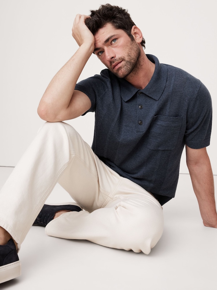 Banana Republic Navy Blue Linen-Cotton Ribbed Polo Jumper - Image 1 of 1