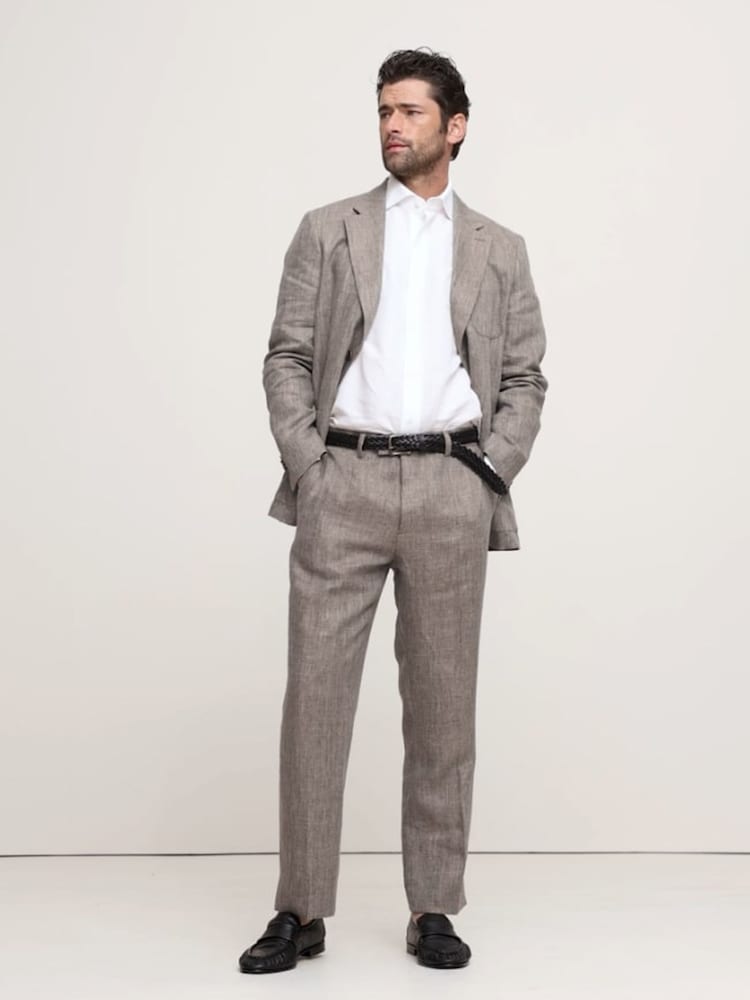 Banana Republic Grey Herringbone Linen Straight Suit Pant - Image 1 of 3