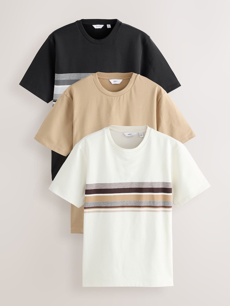 Neutral/Stone/Black Regular Fit Colour Blocking T-Shirts 3 Pack - Image 1 of 9