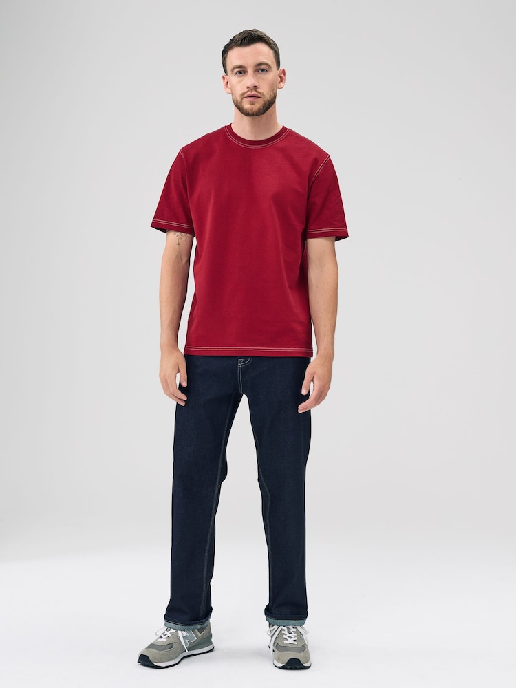 Burgundy Red Contrast Stitch Regular Fit Heavyweight T-Shirt - Image 2 of 4