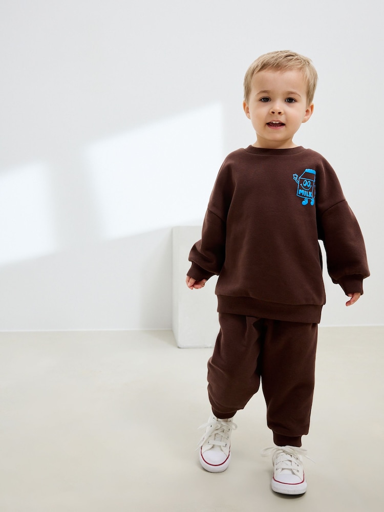 Chocolate Brown Printed Printed Crew and Joggers Set (3mths-7yrs) - Image 1 of 9 Chocolate Brown Printed Printed Crew and Joggers Set (3mths-7yrs) - Image 1 of 9