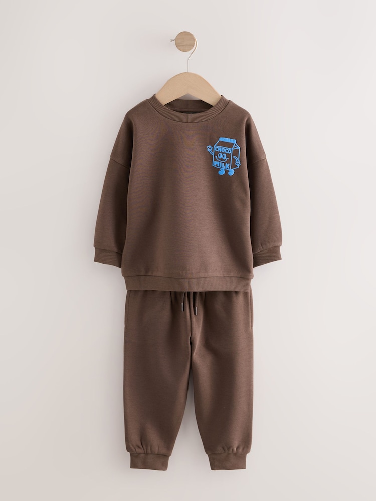 Buy Chocolate Brown Single Printed Crew Neck Sweat Top Jogger