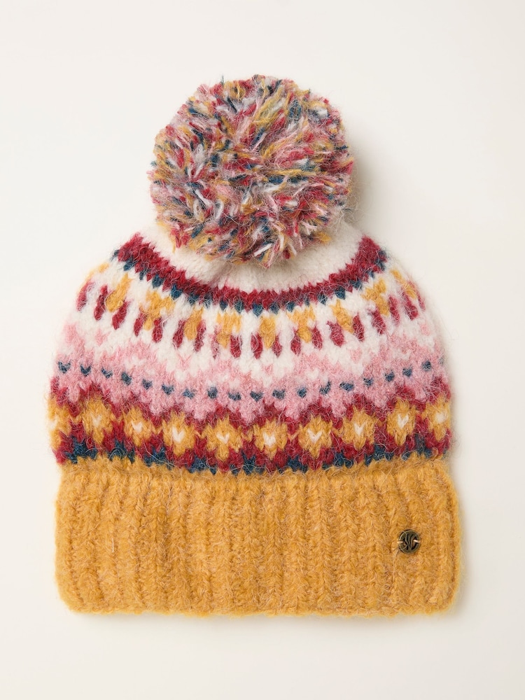 FatFace Luna Mustard Yellow Fairisle Bobble Hat - Image 1 of 2