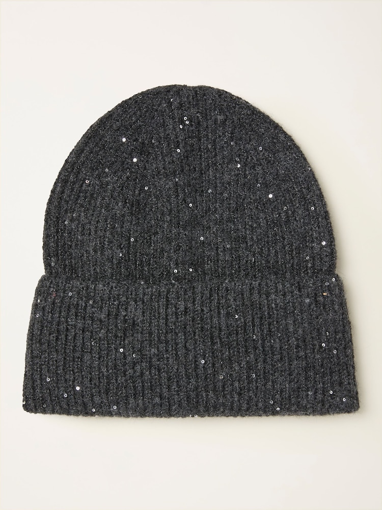 FatFace Charcoal Grey Sequin Beanie - Image 1 of 2