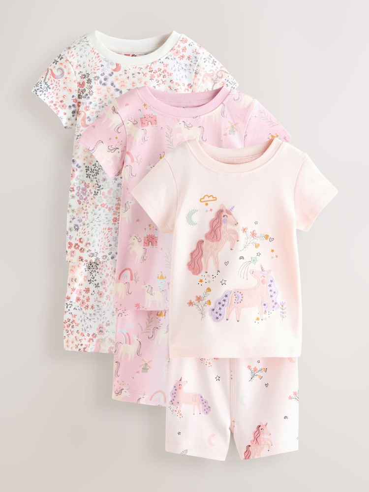 Pink/Cream Unicorn Short Pyjamas 3 Pack (9mths-12yrs) - Image 1 of 7
