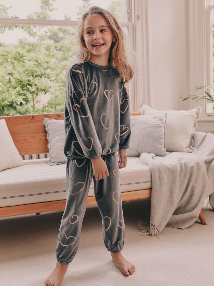 Charcoal Grey Metallic Heart Cosy Fleece Pyjamas (9mths-16yrs) - Image 1 of 7 Charcoal Grey Metallic Heart Cosy Fleece Pyjamas (9mths-16yrs) - Image 1 of 7