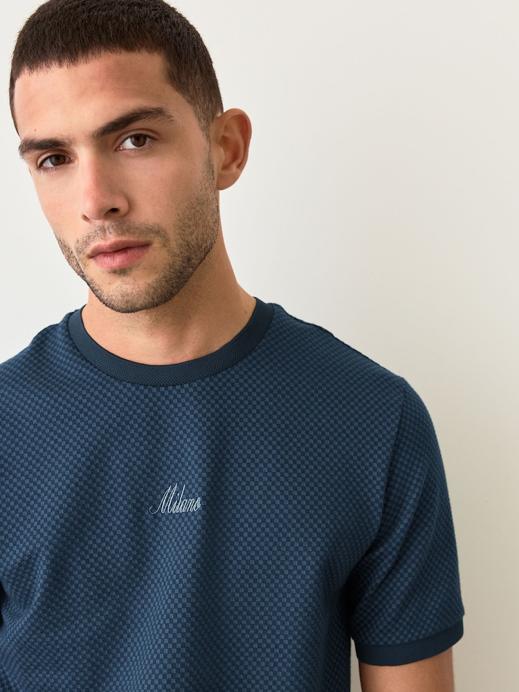 Blue Jacquarded Pattern Smart T-Shirt - Image 1 of 8 Blue Jacquarded Pattern Smart T-Shirt - Image 1 of 8