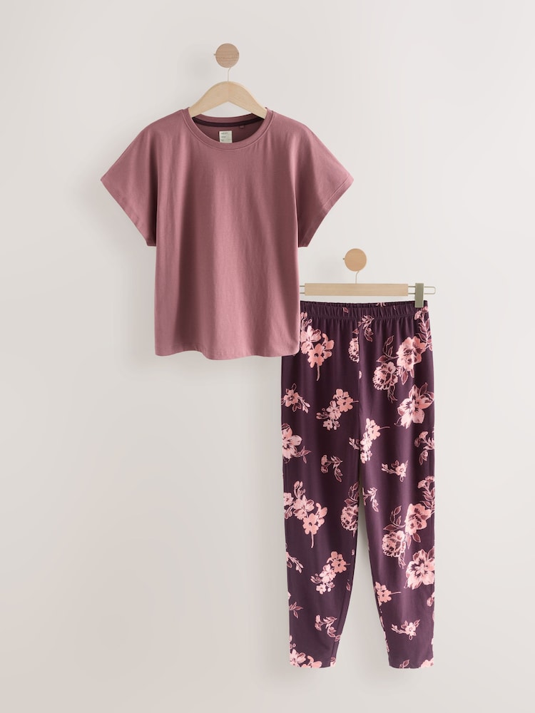 Purple Floral Print Cotton Short Sleeve Pyjamas - Image 1 of 3