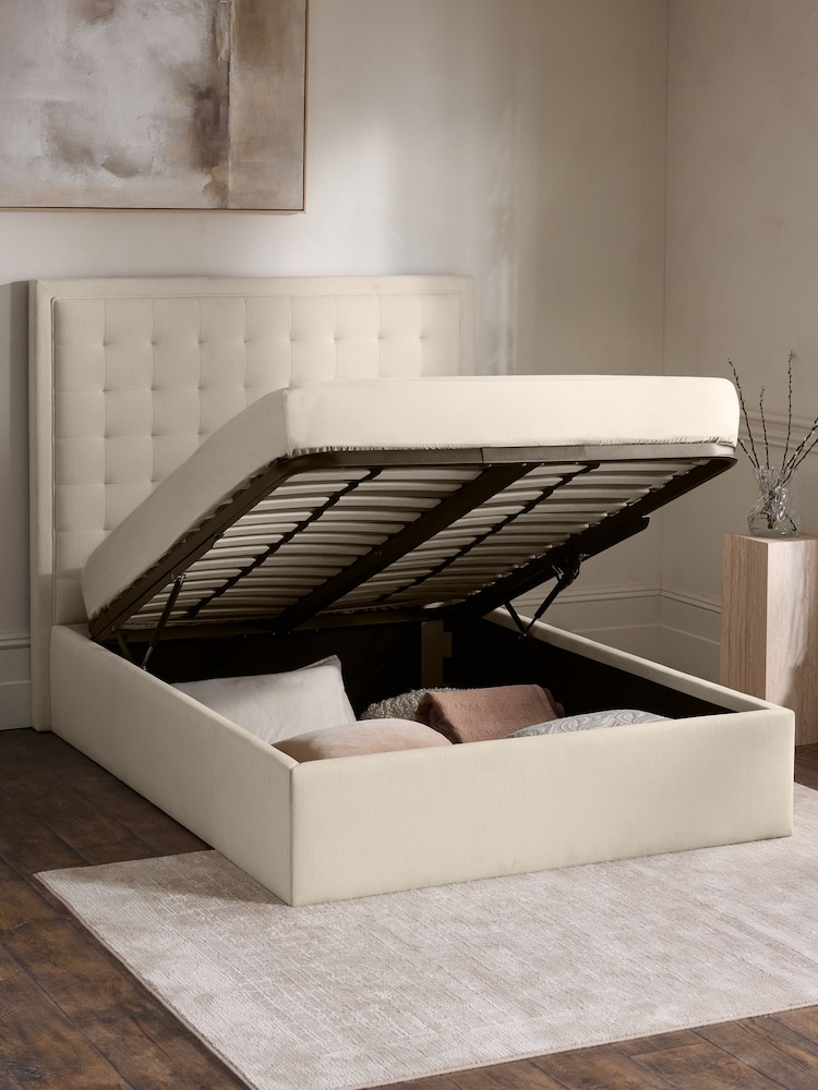 Natural Oyster Linen Look Chenille Winslow Upholstered Ottoman Storage Bed Ottoman Storage Bed Frame - Image 2 of 7