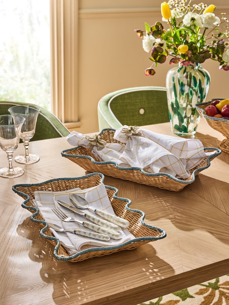 Nina Campbell Set of 2 Natural Teal Rattan Scalloped Edge Trays - Image 1 of 5 Nina Campbell Set of 2 Natural Teal Rattan Scalloped Edge Trays - Image 1 of 5