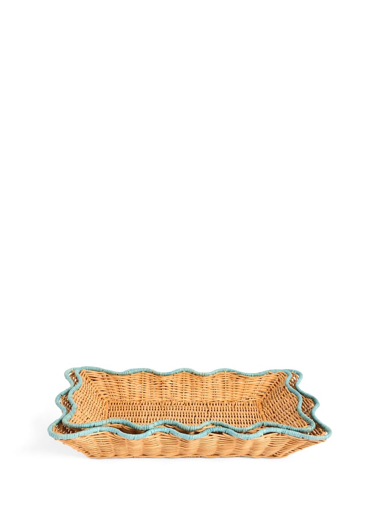Nina Campbell Set of 2 Natural Teal Rattan Scalloped Edge Trays - Image 5 of 5 Nina Campbell Set of 2 Natural Teal Rattan Scalloped Edge Trays - Image 5 of 5