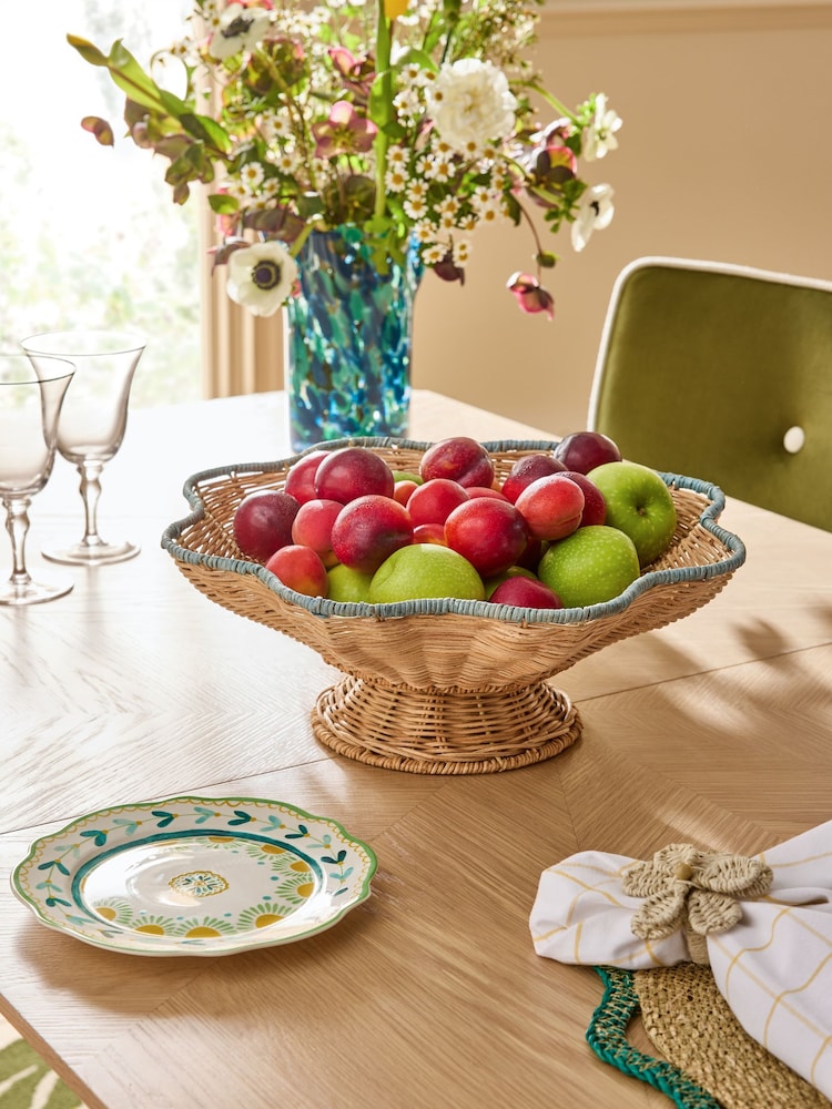 Nina Campbell Natural Teal Rattan Scalloped Edge Footed Bowl - Image 1 of 5