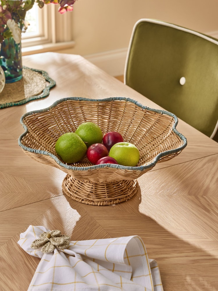 Nina Campbell Natural Teal Rattan Scalloped Edge Footed Bowl - Image 2 of 5