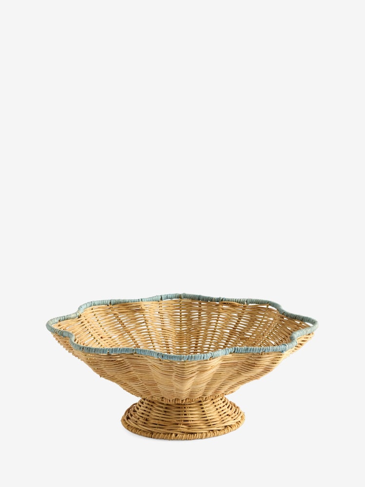 Nina Campbell Natural Teal Rattan Scalloped Edge Footed Bowl - Image 5 of 5