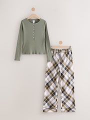 Verde caqui - Pijama de manga larga con diseño de canalé a cuadros - Imagen 7 de 9