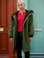 Khaki Green Parka with Animal Print Faux Fur Lining - Image 1 of 8