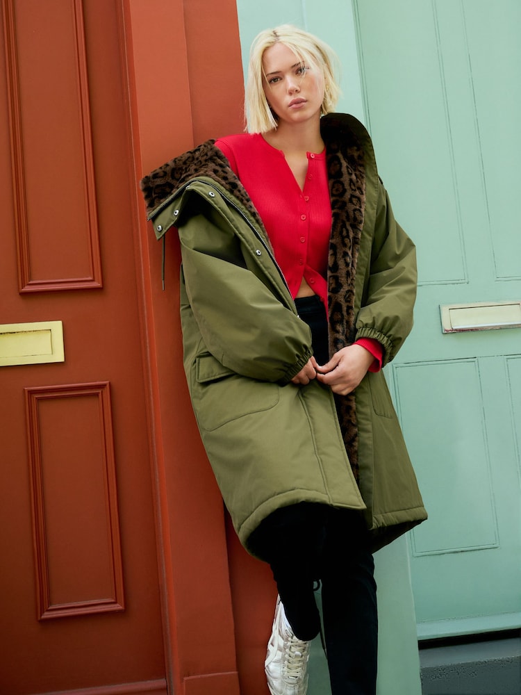 Khaki Green Parka with Animal Print Faux Fur Lining - Image 2 of 8