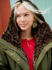Khaki Green Parka with Animal Print Faux Fur Lining - Image 4 of 8