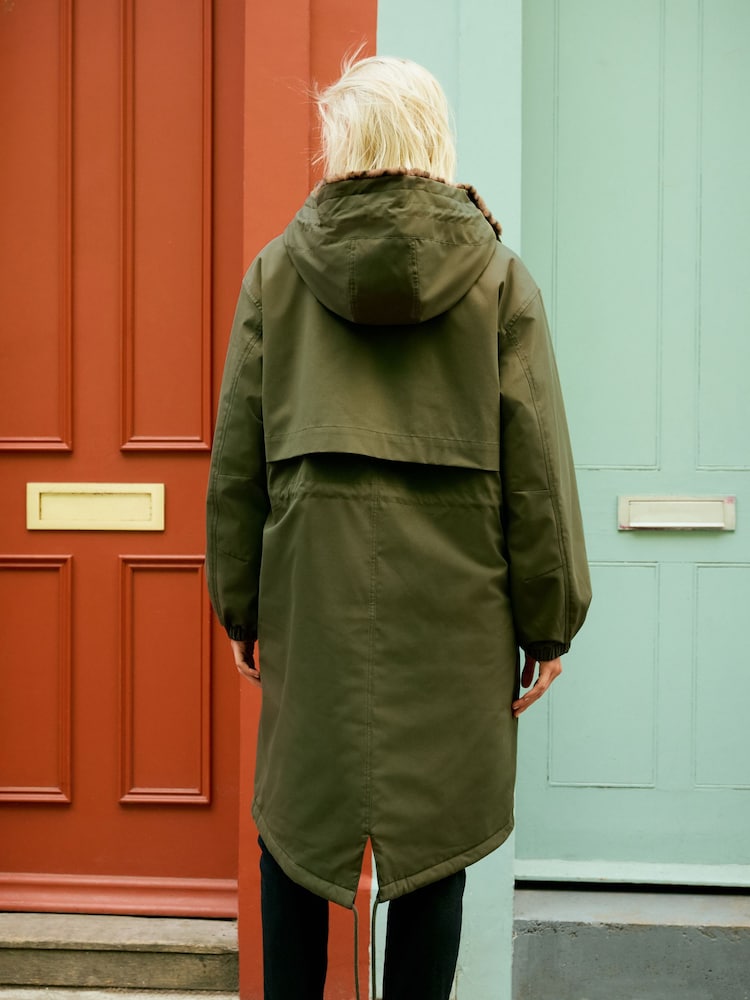 Buy Khaki Green Parka with Animal Print Faux Fur Lining from the